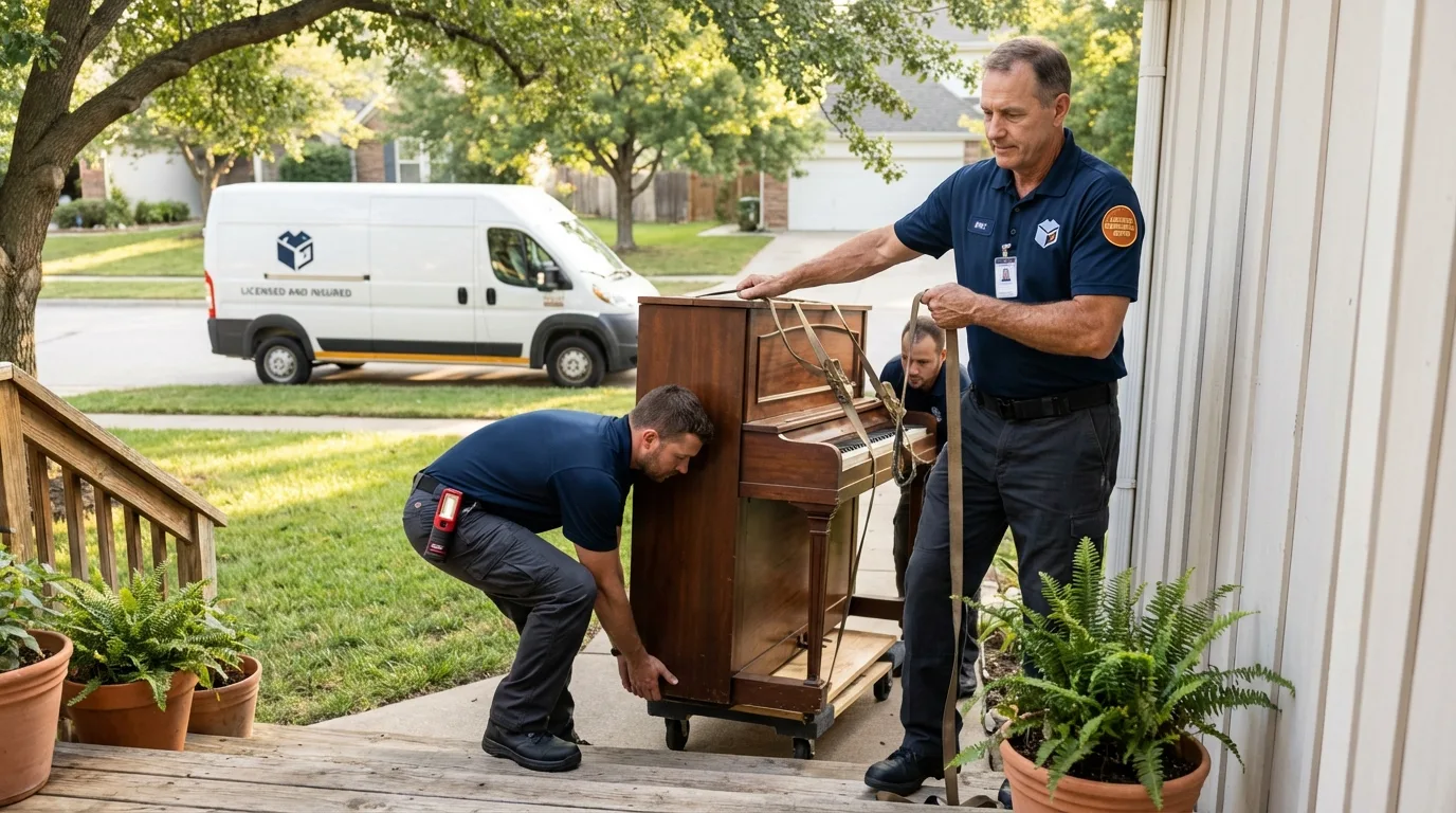 Licensed piano movers securing grand piano in Mingo Junction, OH